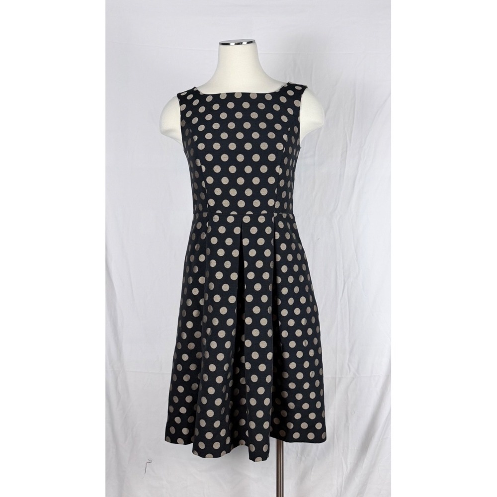 Talbots Black Gold Polka Dot Dress 2 Sleeveless Fit Flare Sophisticated Cocktail
